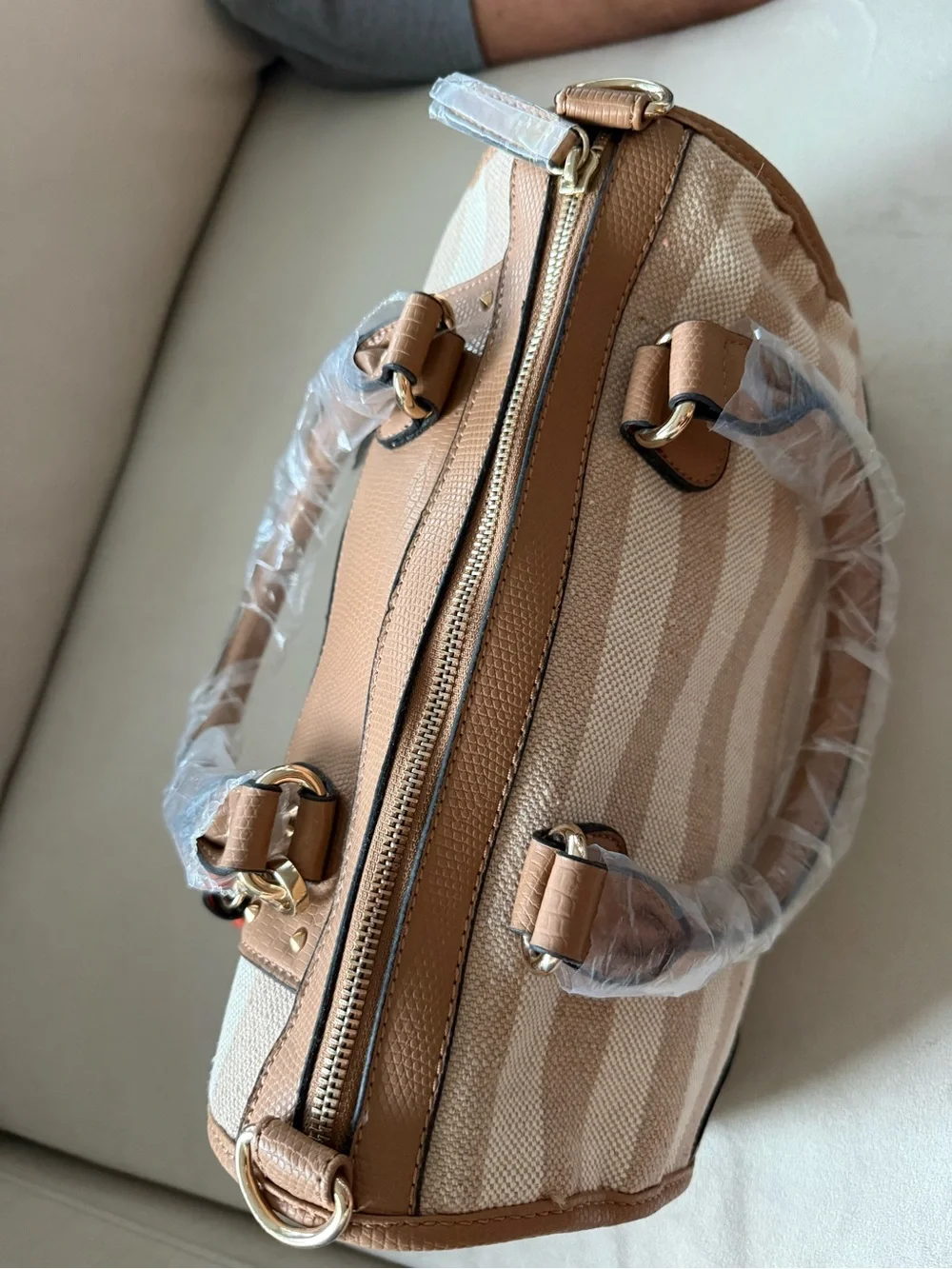 ALDO NWT Striped Satchel Crossbody Handbag Beige Camel Red Tassel